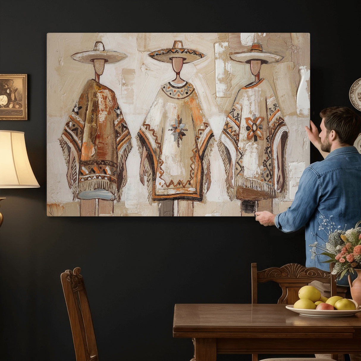 Mexican Folk Art Canvas Wall Art, Charro Poncho Sombrero Painting Print, Neutral Beige Boho Decor, Southwestern Impasto Style, Living Room Art