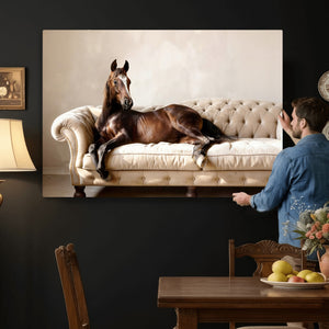 Funny Horse on Sofa Canvas Wall Art, Quirky Horse Lounging Photo Print, Whimsical Animal Decor, Living Room Conversation Art, Horse Lover Gift