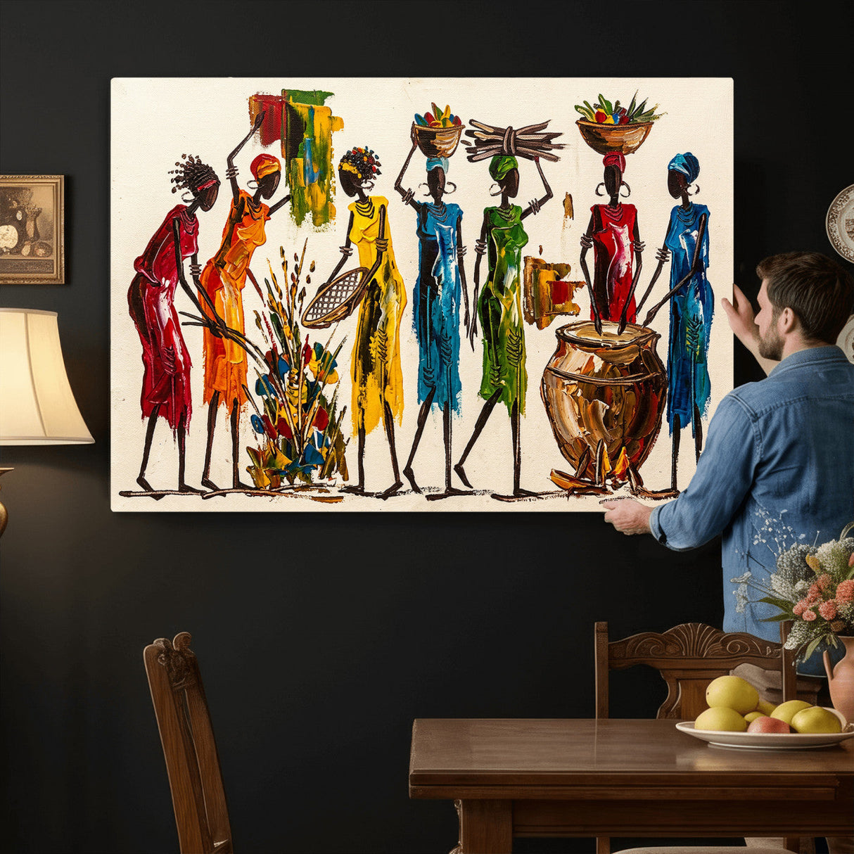 African Folk Art Canvas Wall Art, Colorful African Women Village Painting Print, Tribal Ethnic Home Decor, Vibrant African Art, Living Room