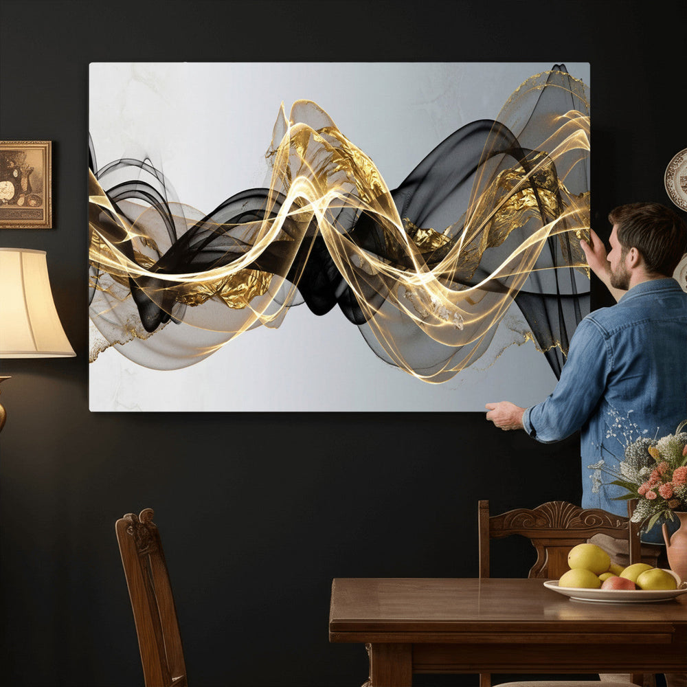 Black and Gold Abstract Wall Art, Modern Wave Canvas Print, Elegant Flowing Smoke Art, Luxury Living Room Decor