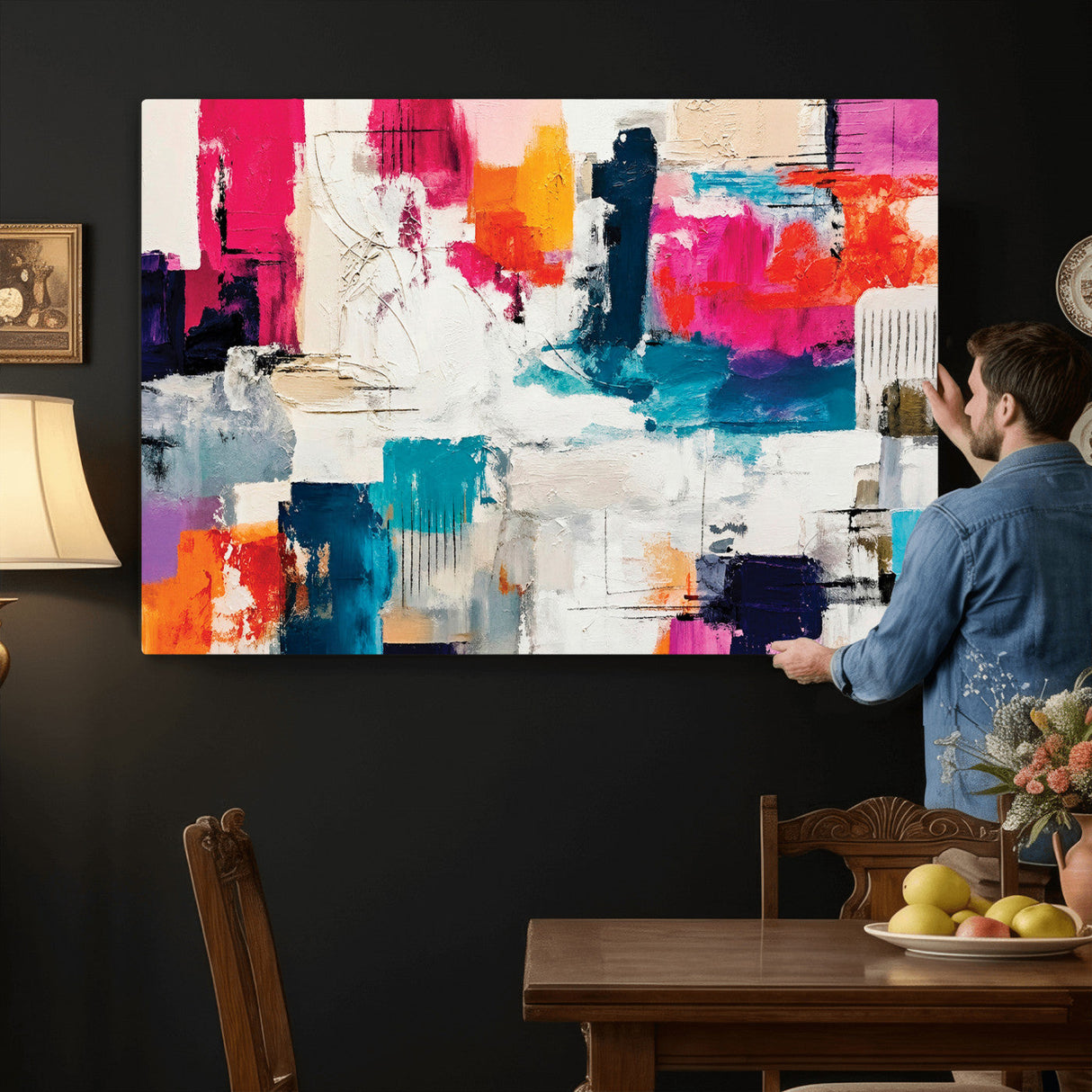 Blue Teal Abstract Canvas Wall Art, Modern Textured Painting Print, Navy Orange White Contemporary Art, Neutral Living Room Decor, Office Art