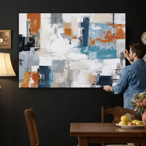 Blue Teal Abstract Canvas Wall Art, Modern Textured Painting Print, Navy Orange White Contemporary Art, Neutral Living Room Decor, Office Art