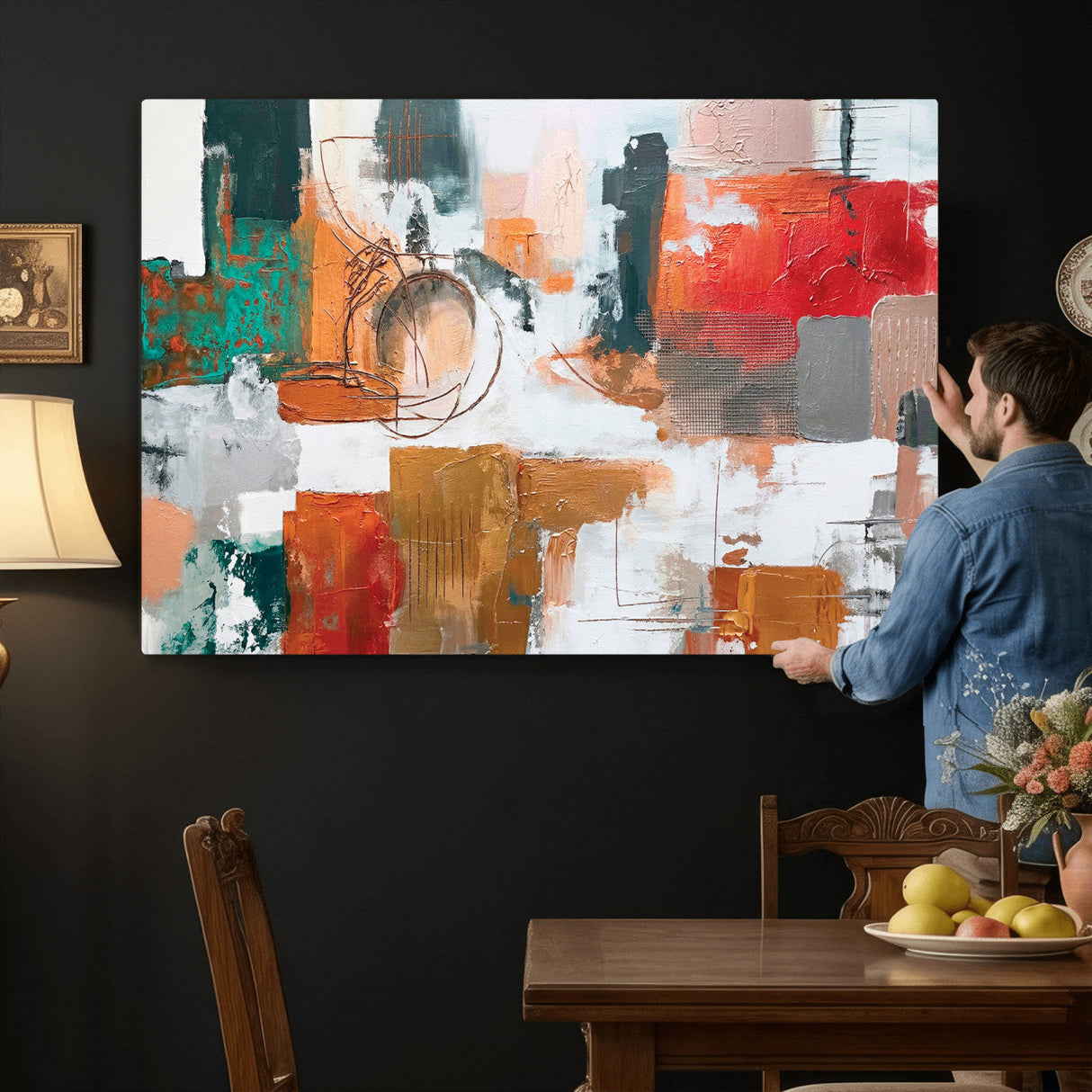 Blue Teal Abstract Canvas Wall Art, Modern Textured Painting Print, Navy Orange White Contemporary Art, Neutral Living Room Decor, Office Art