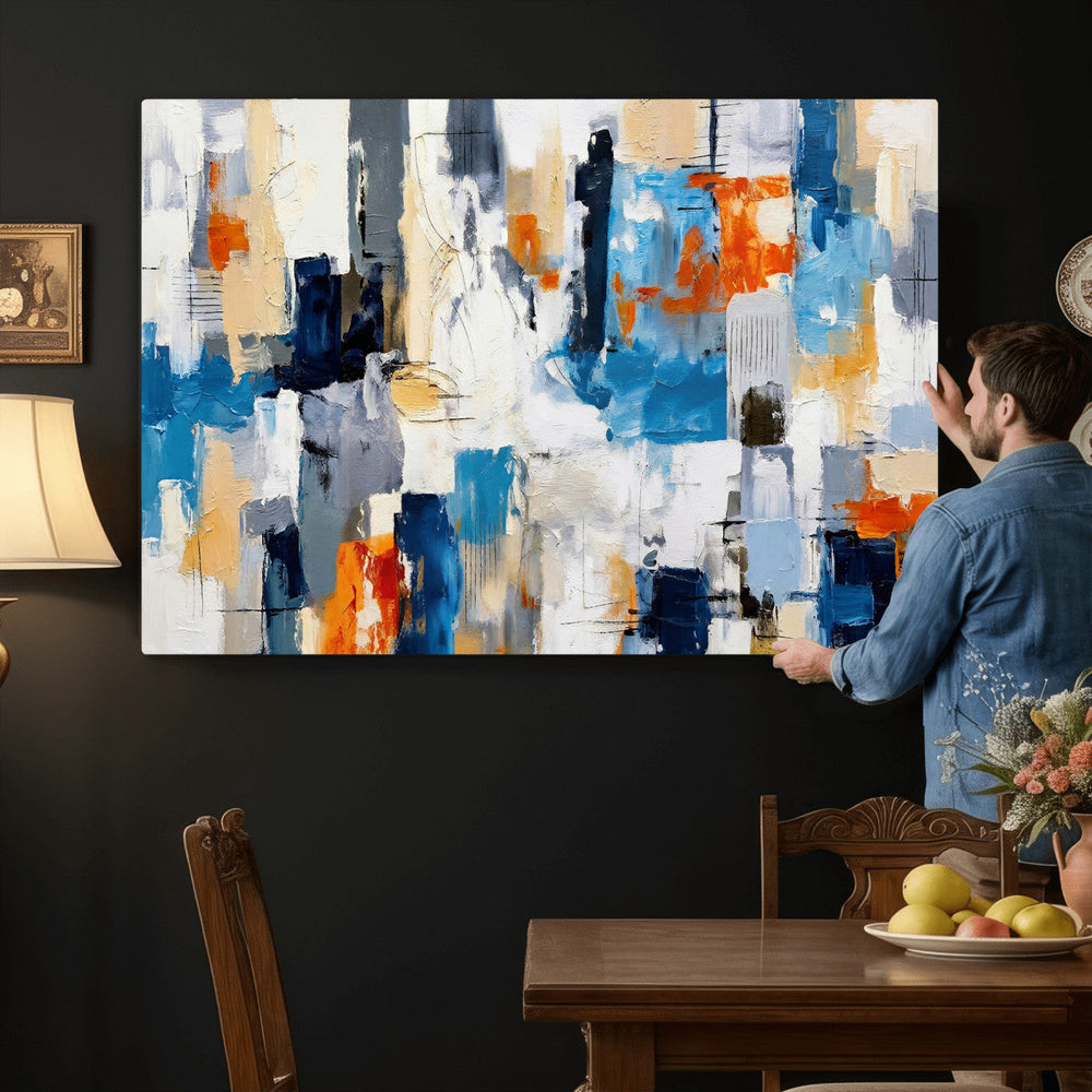 Blue Teal Abstract Canvas Wall Art, Modern Textured Painting Print, Navy Orange White Contemporary Art, Neutral Living Room Decor, Office Art