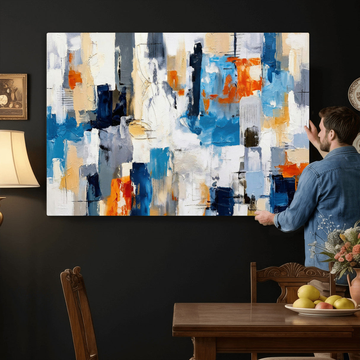 Blue Teal Abstract Canvas Wall Art, Modern Textured Painting Print, Navy Orange White Contemporary Art, Neutral Living Room Decor, Office Art