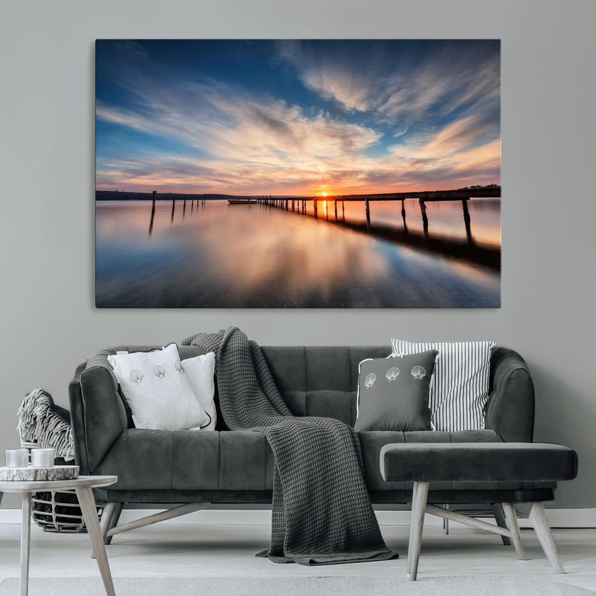 Wooden Pier on Seascape and Sunset Wall Art Canvas Print