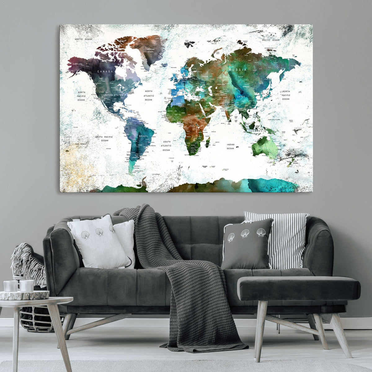 Modern Watercolor World Map Canvas Wall Art – Framed