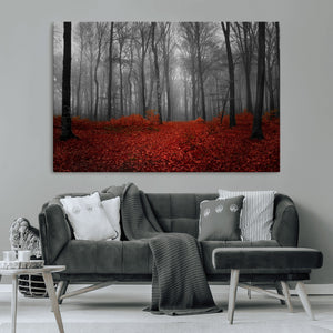 Red Forest Floor Canvas Wall Art – Mystical Foggy Woodland