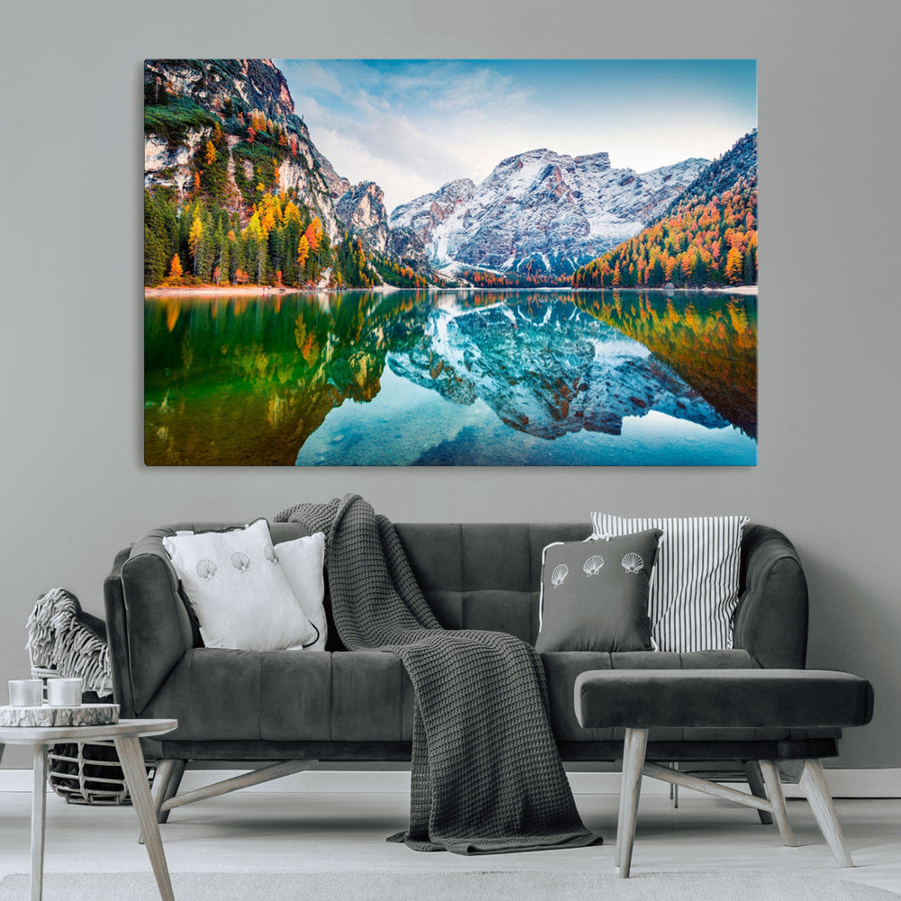 Spectacular autumn view of Braies Lake Wall Art Canvas Print
