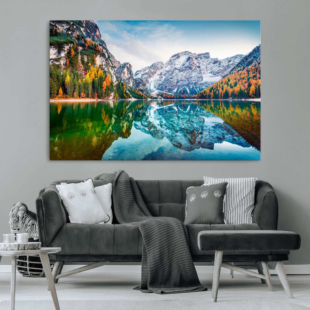 Spectacular autumn view of Braies Lake Wall Art Canvas Print