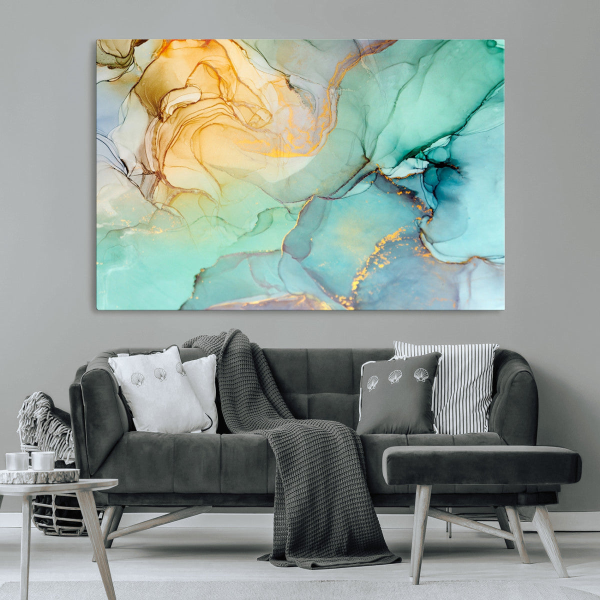 Abstract Aqua and Gold Fluid Wall Art Canvas | 3 Panel Large