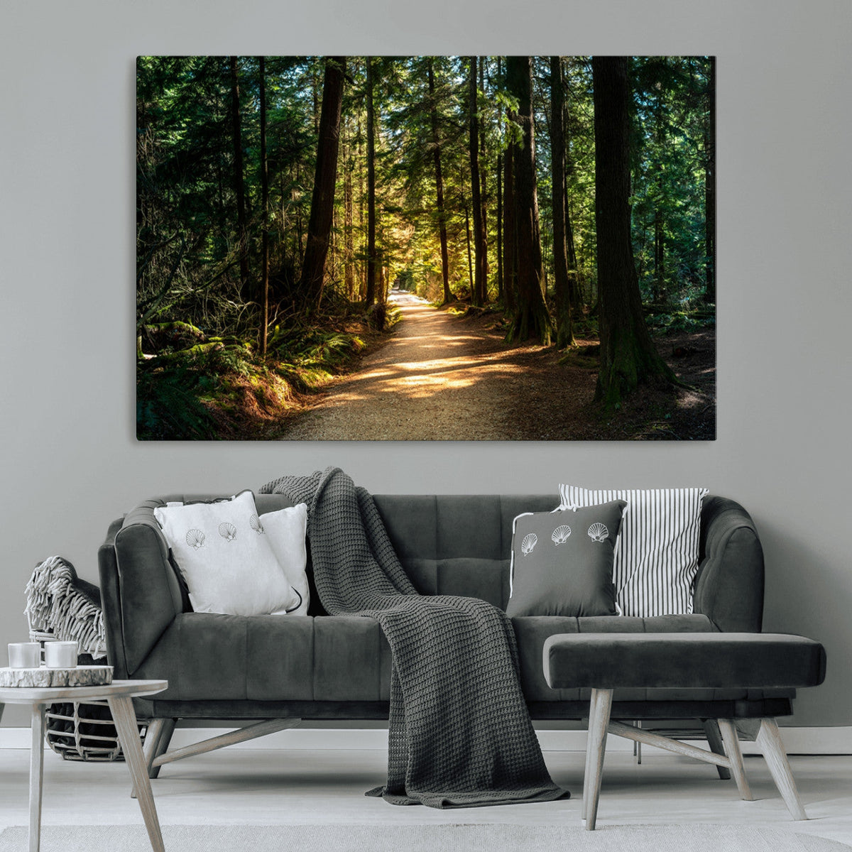 Sunlit Forest Pathway Canvas Print | 3 Panel Large Nature