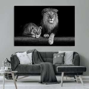 Large Black and White Lion Couple Wall Art Canvas Print –