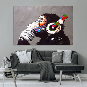 Dj Monkey Listening to Music Wall Art Print | Banksy Monkey