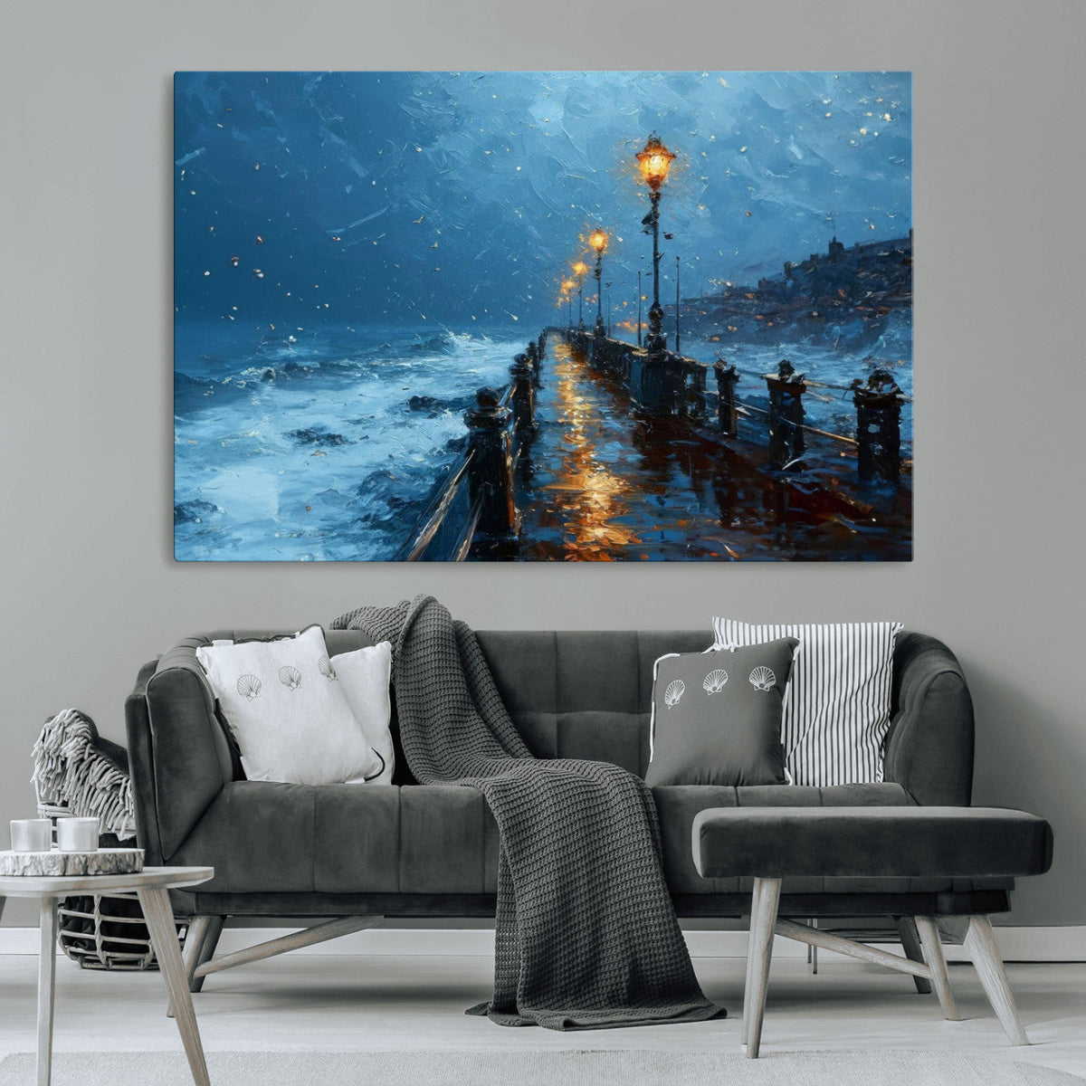 Stormy Night at Beach Pier Oil Painting Large Wall Art