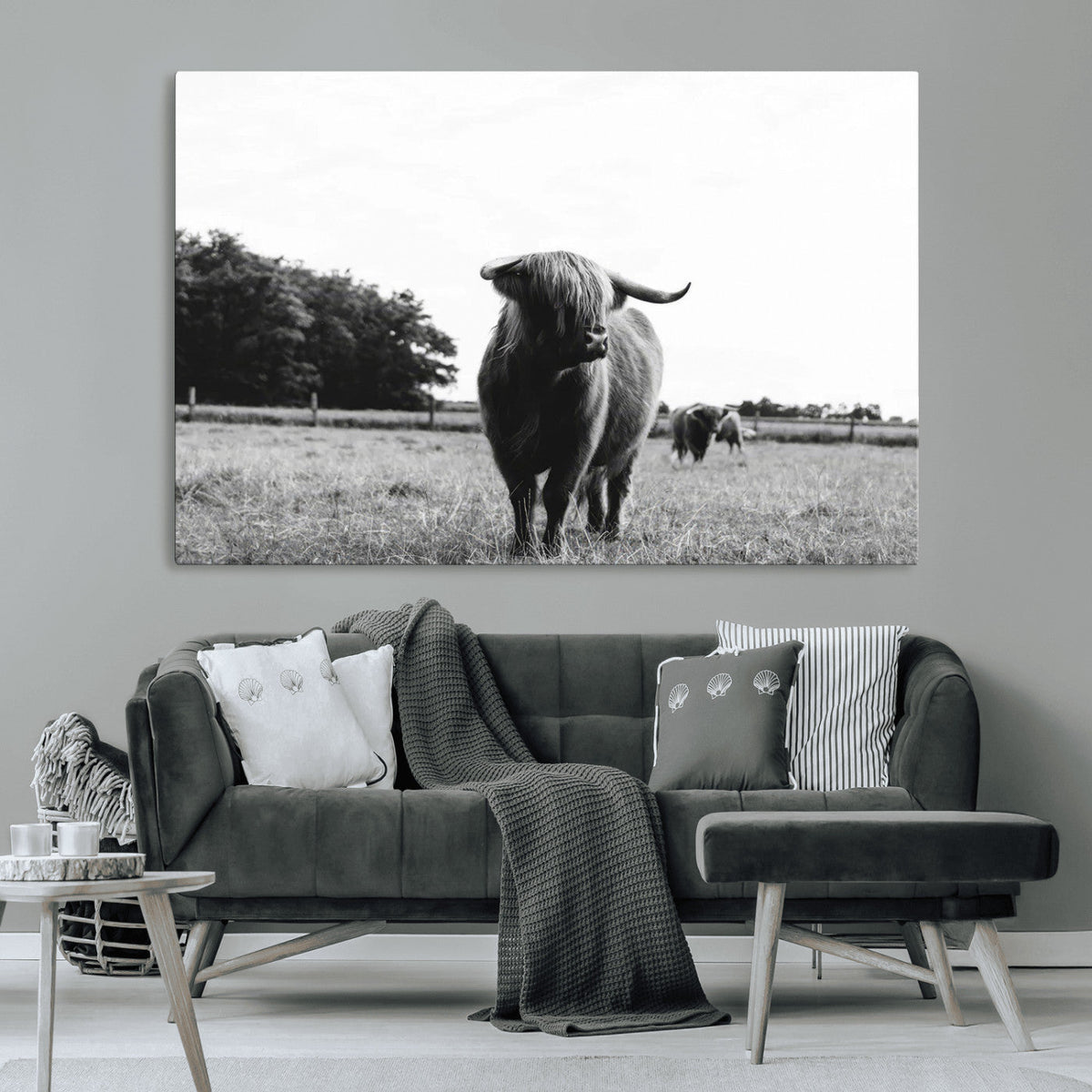 Black and White Highland Cow Wall Art Canvas Print | Rustic