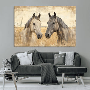 Chines Ink Style Grunge Horses Wall Art Canvas Print