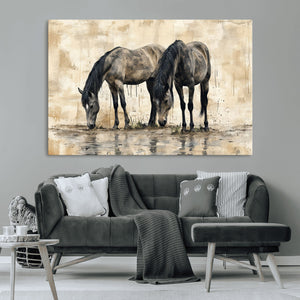 Chinese Style Abstract Black Horses Wall Art Canvas Print -