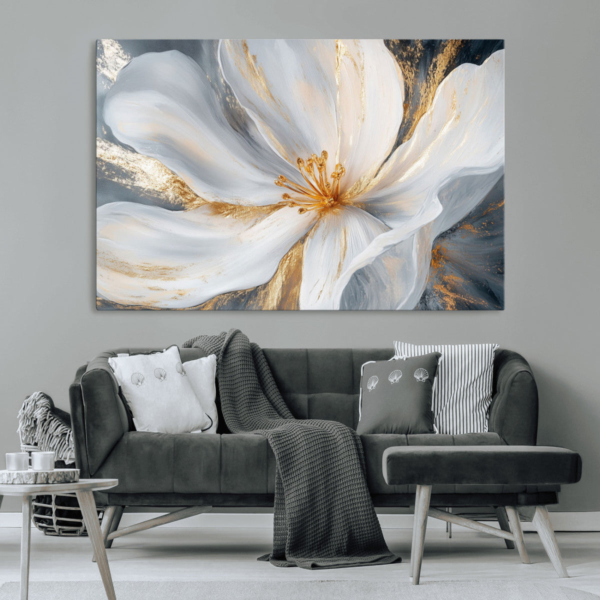 White and Gold Floral Canvas Wall Art - Framed and Ready to