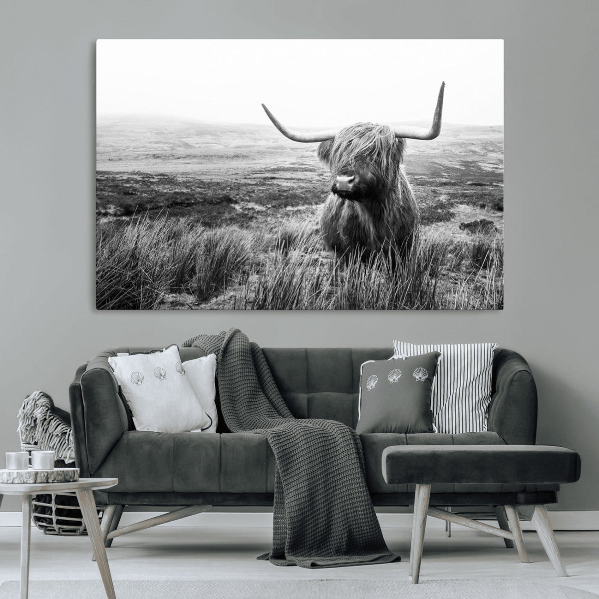 Scottish Highland Cow Wall Art | Black and White Canvas
