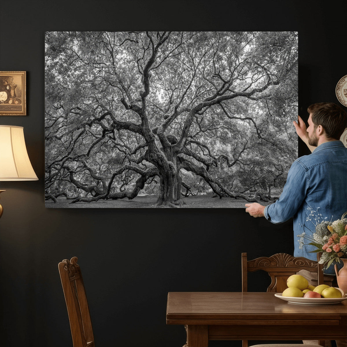 Majestic Angel Oak Tree Black and White Canvas Print – Multi