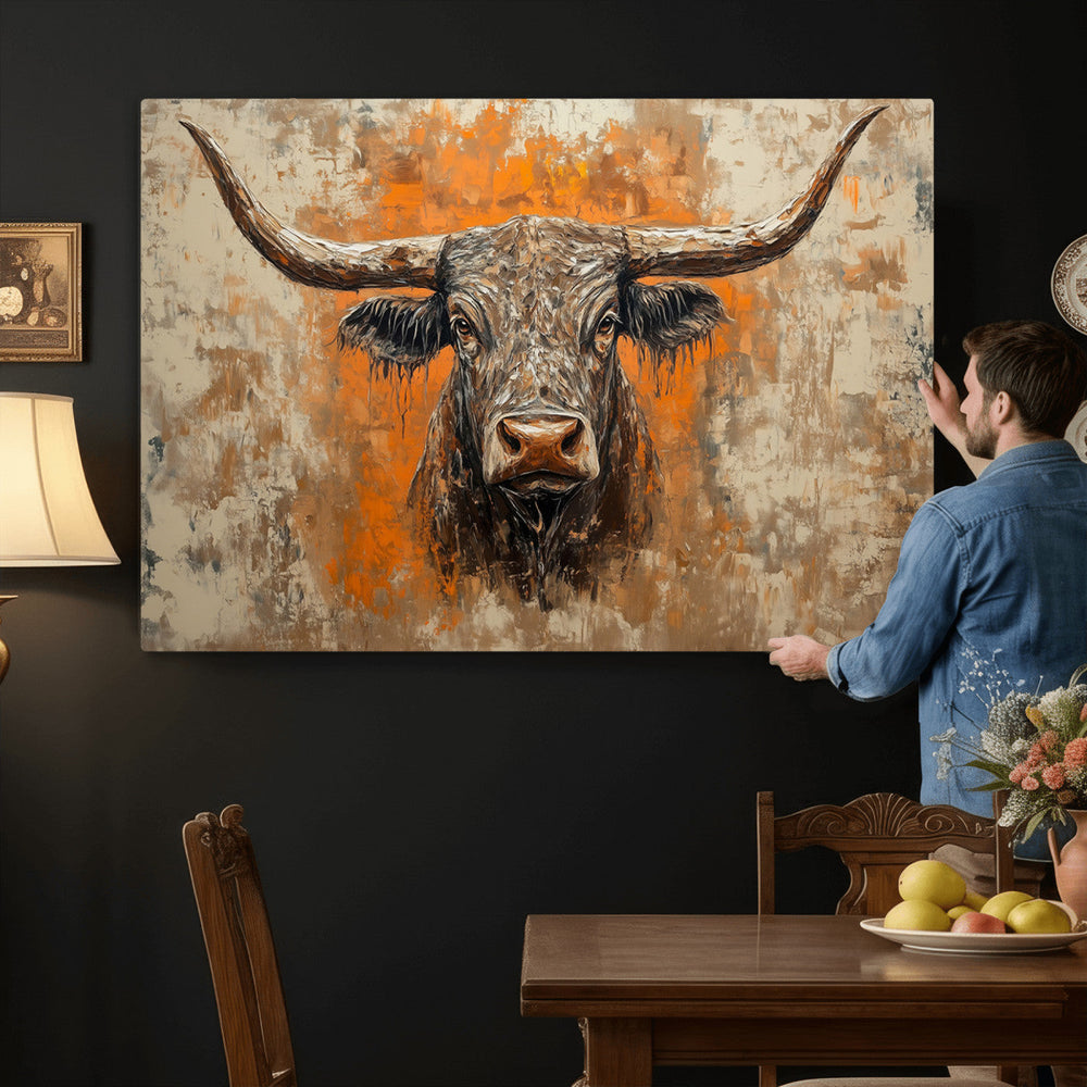 Abstract Cow Longhorn Bull Wall Art Canvas Print - Rustic