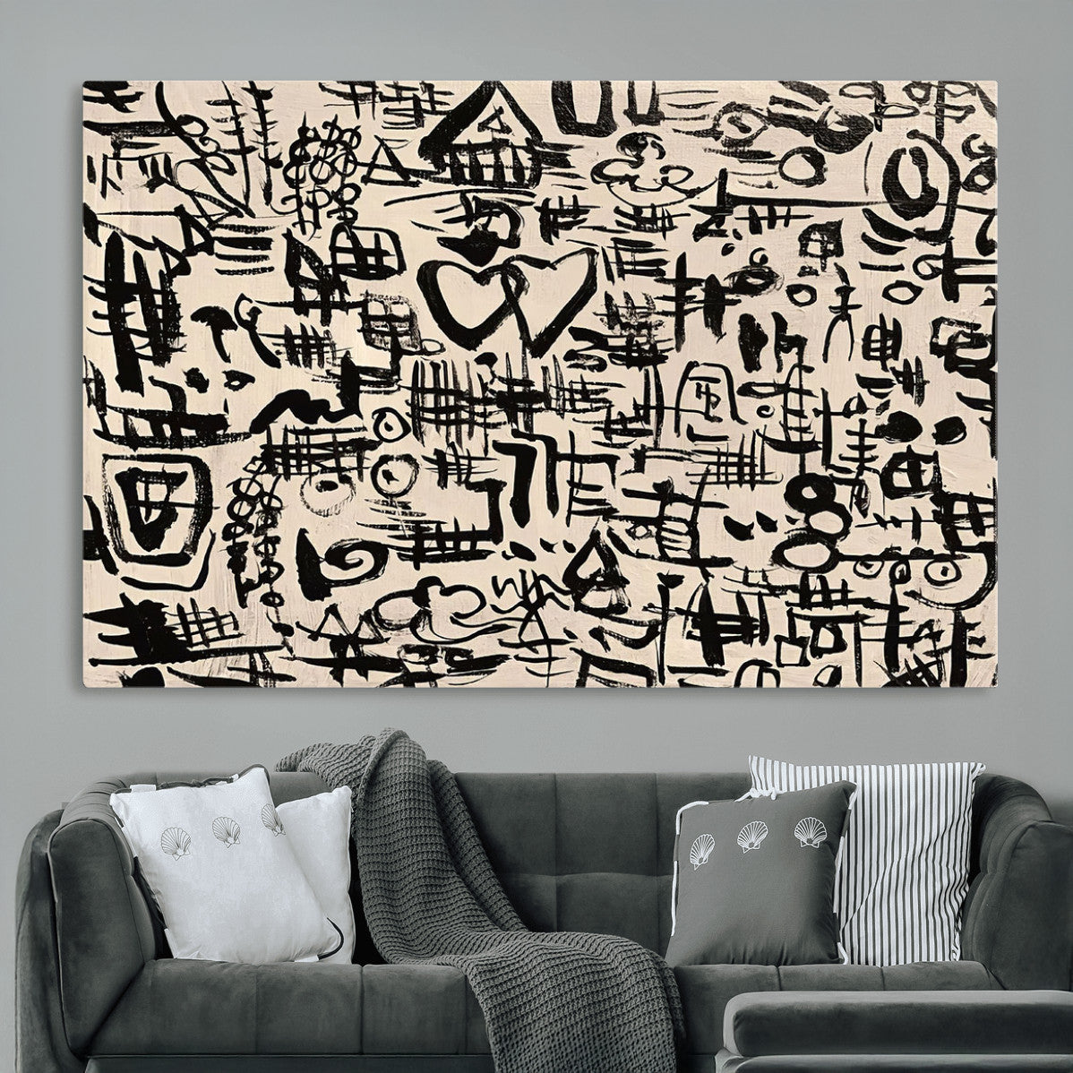 Abstract Love and Chaos Canvas Print, Black Symbols on Beige