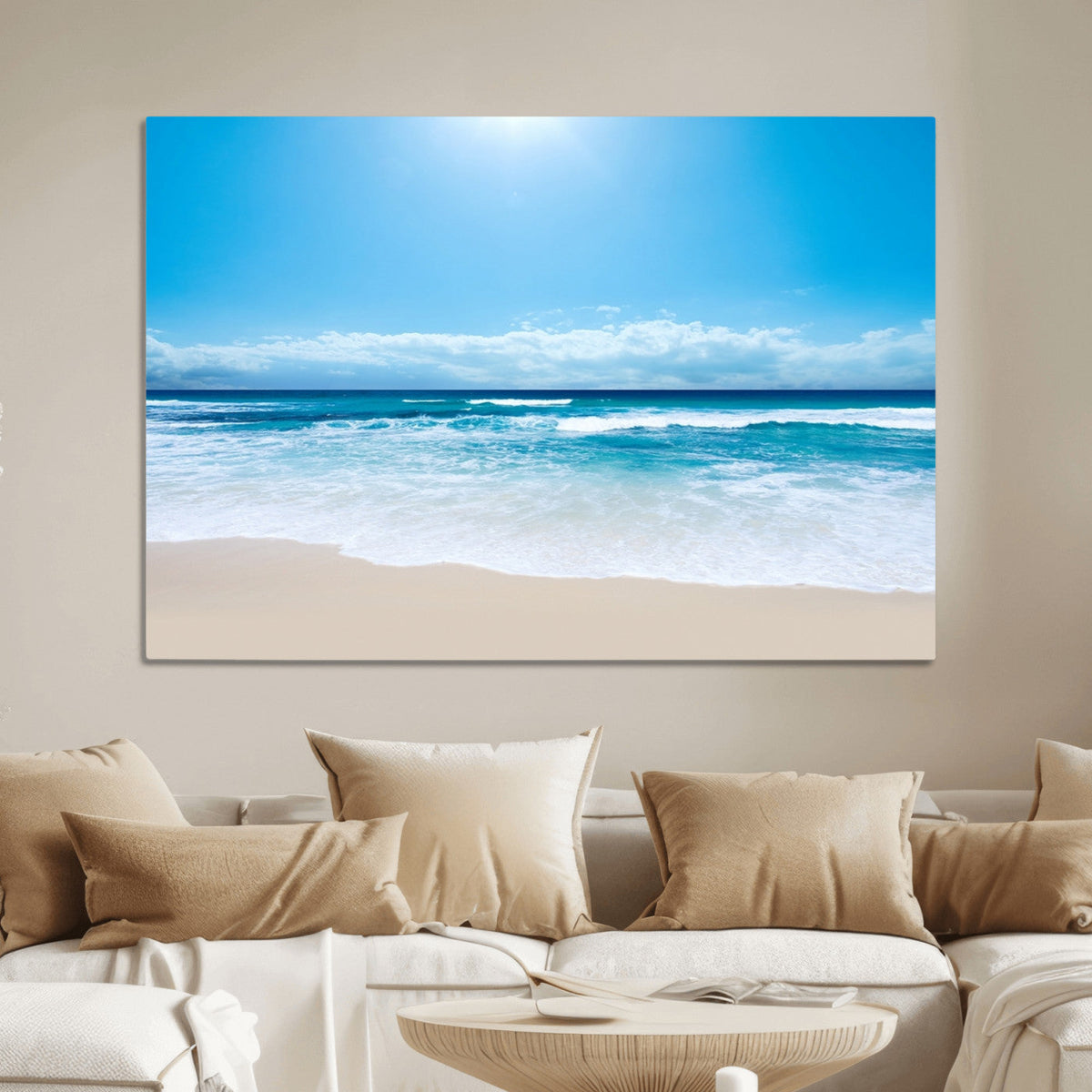 Wall Art Canvas Print Shiny Blue Sea and Beach