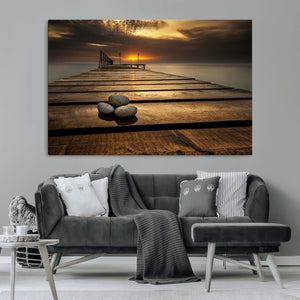 Stones on Wooden Pier at Sunset Canvas Print, Serene Coastal