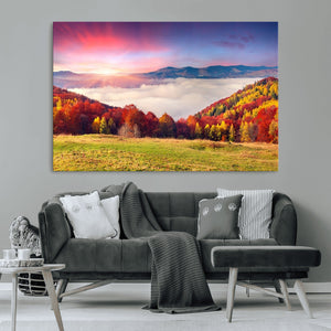 Autumn Mountain Foggy Landscape Wall Art Canvas Print |