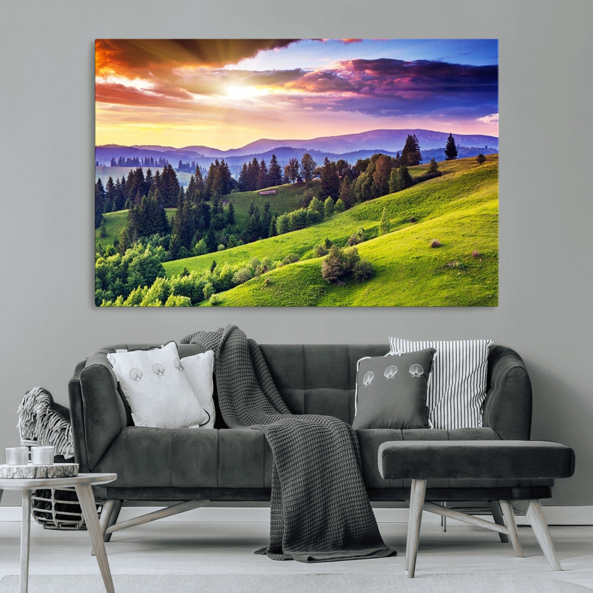 Green Hills and Sunset Wall Art Print - Scenic Landscape
