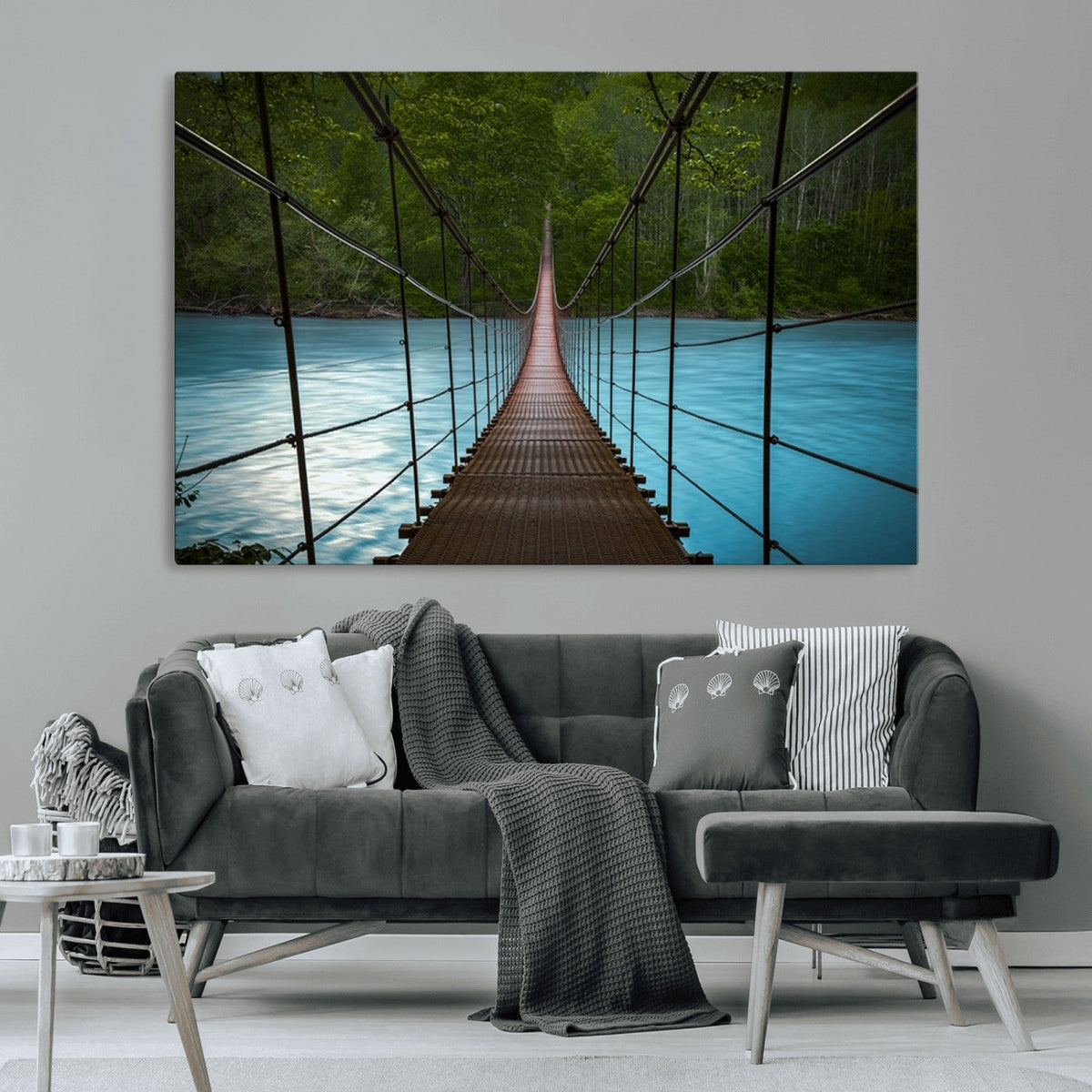 Suspension Bridge Over River Canvas Art | 3-Panel Nature