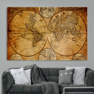 Vintage World Map Canvas Print – Antique Push Pin Travel