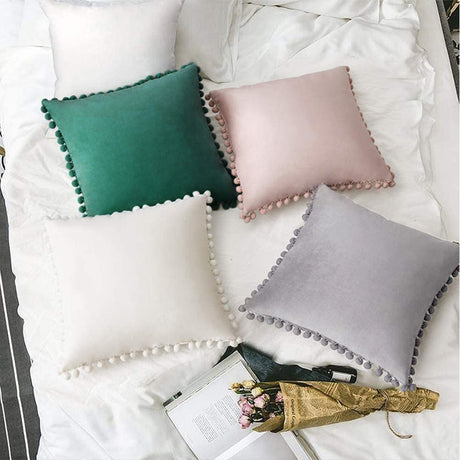 20''x20'' Velvet Pom-Pom Throw Pillow | 7 Colors – Soft & Playful Ball Trim Design | Fun Couch & Bedroom Accent | Insert Included