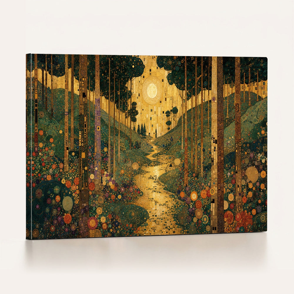 Gustav Klimt Style Forest Canvas Wall Art, Golden Forest Path Floral Art Nouveau Print, Enchanted Woodland Decor