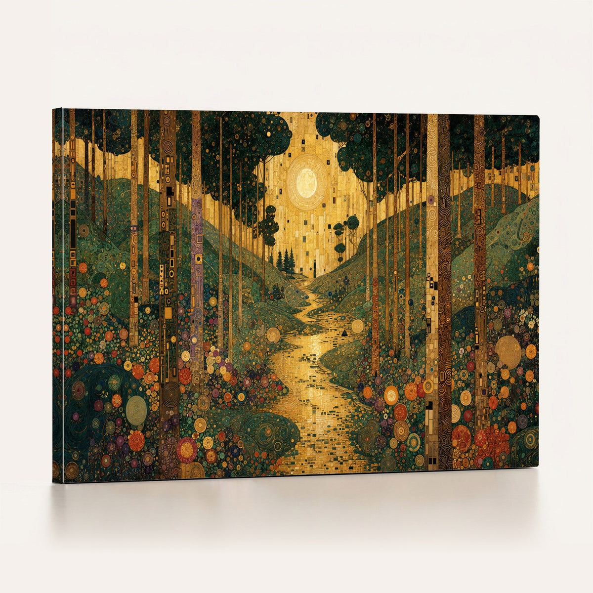 Gustav Klimt Style Forest Canvas Wall Art, Golden Forest Path Floral Art Nouveau Print, Enchanted Woodland Decor