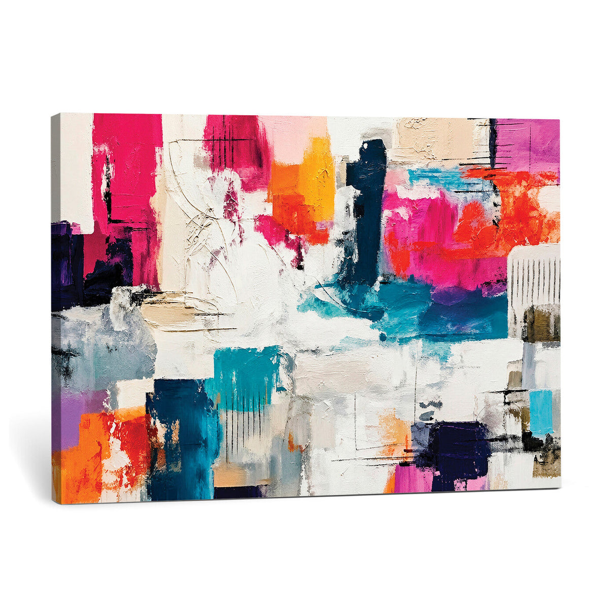 Blue Teal Abstract Canvas Wall Art, Modern Textured Painting Print, Navy Orange White Contemporary Art, Neutral Living Room Decor, Office Art