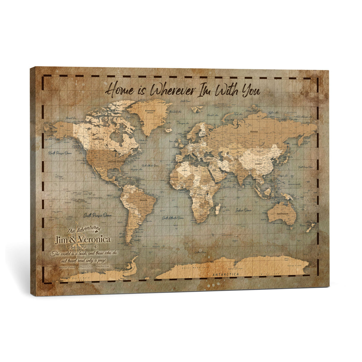 Vintage Personalized Push Pin World Map, Vintage Travel Map Canvas, Custom Names Anniversary Gift, Places Visited Pin Board, Couples Adventure Art