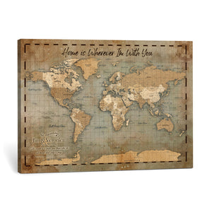 Vintage Personalized Push Pin World Map, Vintage Travel Map Canvas, Custom Names Anniversary Gift, Places Visited Pin Board, Couples Adventure Art