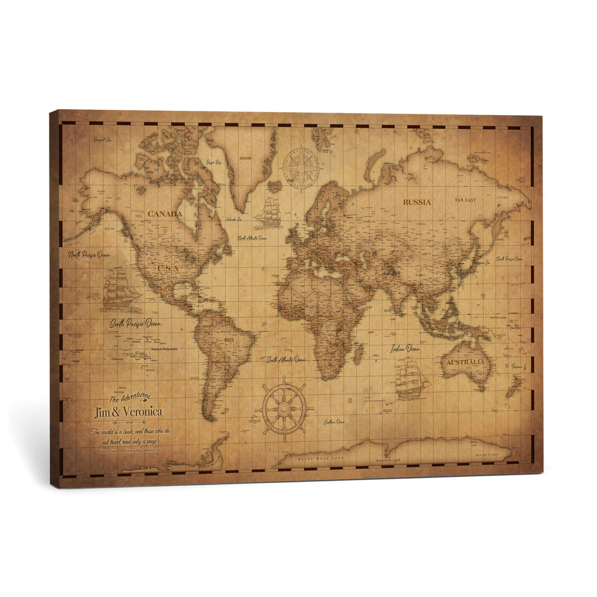 Personalized Push Pin World Map, Vintage Travel Map Canvas, Custom Names Anniversary Gift, Places Visited Pin Board, Couples Adventure Art