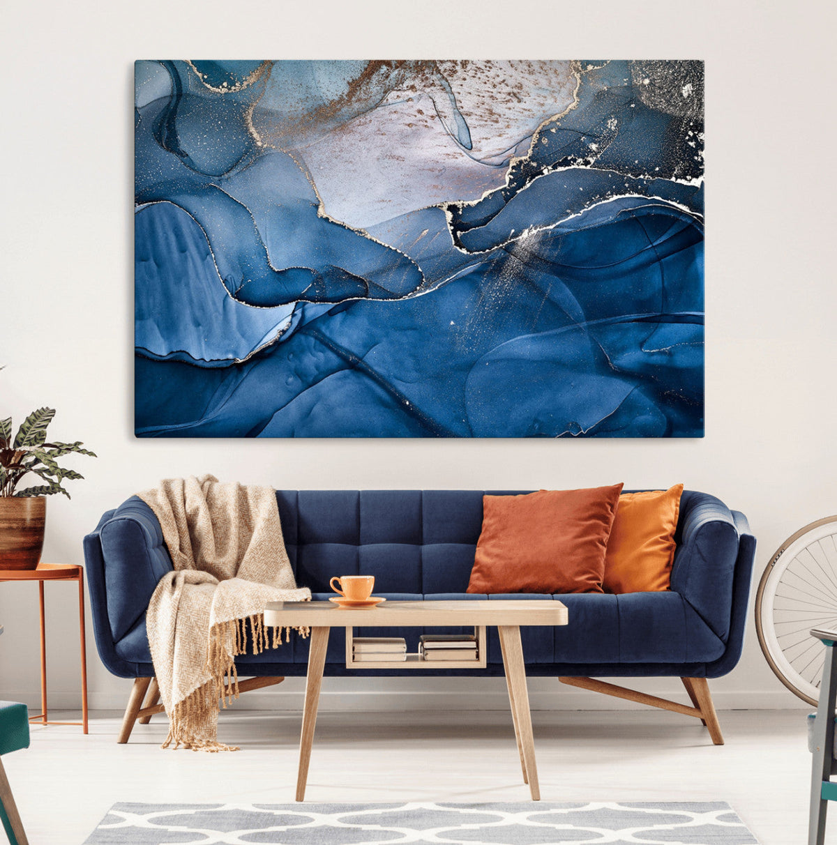 Navy Blue Canvas Art Abstract Print – Elegant Triptych