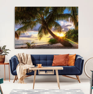 Tropical Island Sunset on the Beach Palms Wall Art Canvas