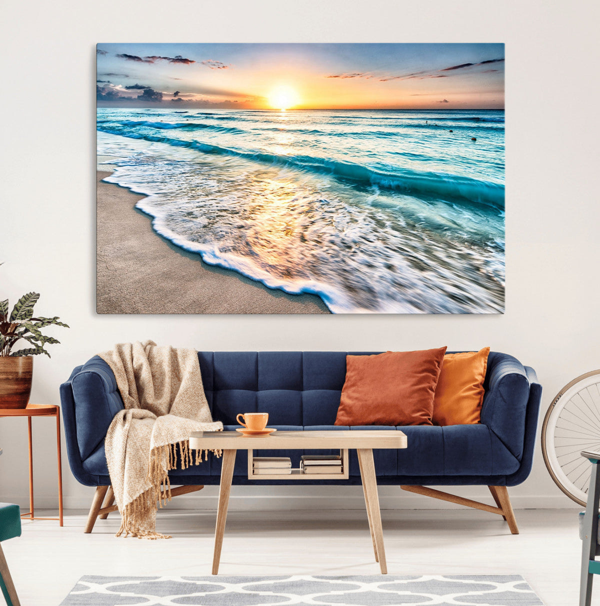 Sunset Beach Waves Canvas Wall Art – 5-Panel Ocean Sunset