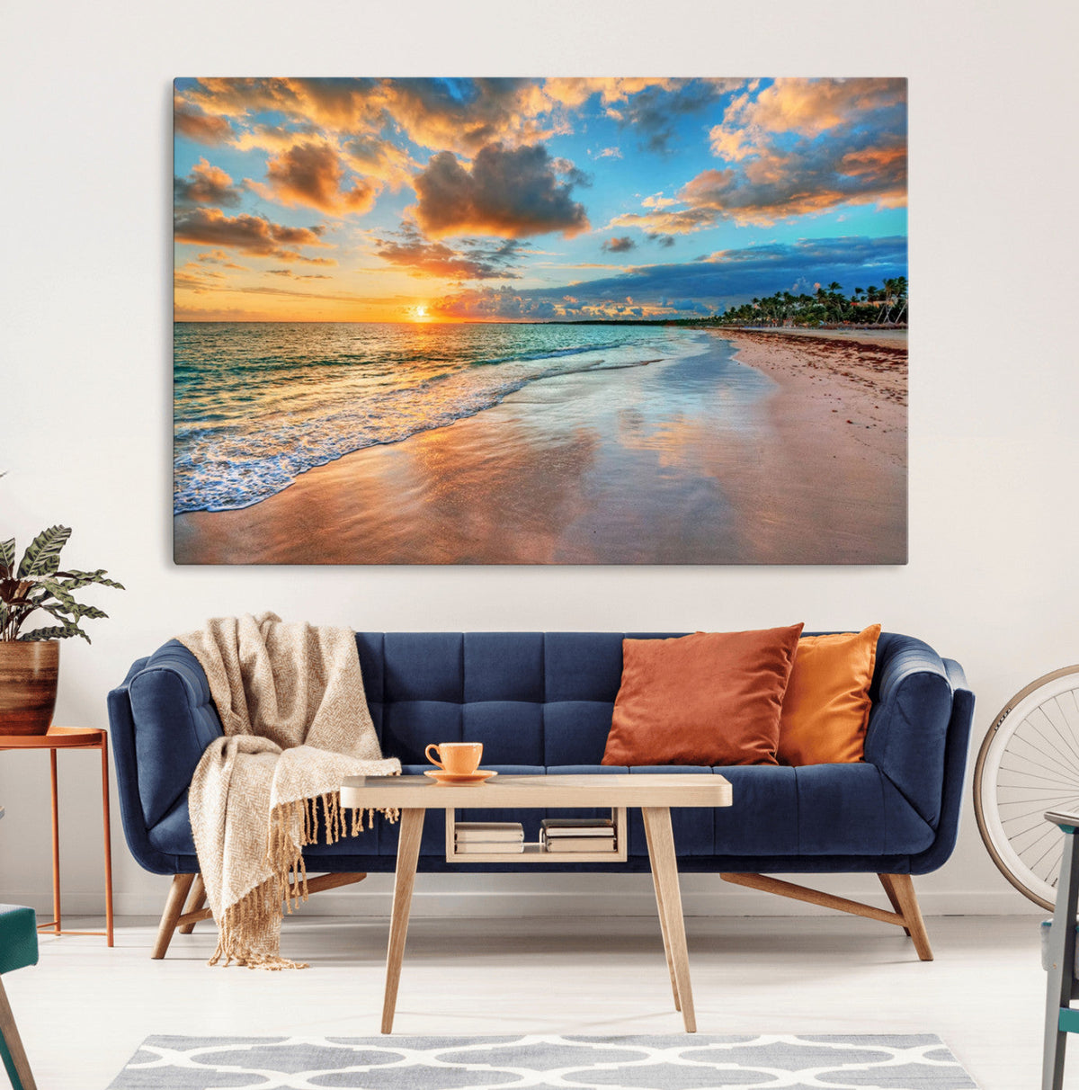 Sunset Ocean Waves on Tropical Beach, 3-Panel Giclee Canvas