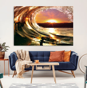 Golden Wave Sunset Triptych Canvas Art, Giclee Canvas Print