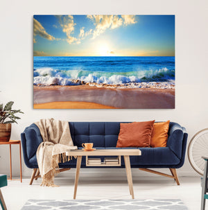 Tropical Beach Sunset Canvas Art, Ocean Waves and Sandy