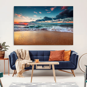 Sunset on Beach Wall Art Ocean Beach Canvas Print