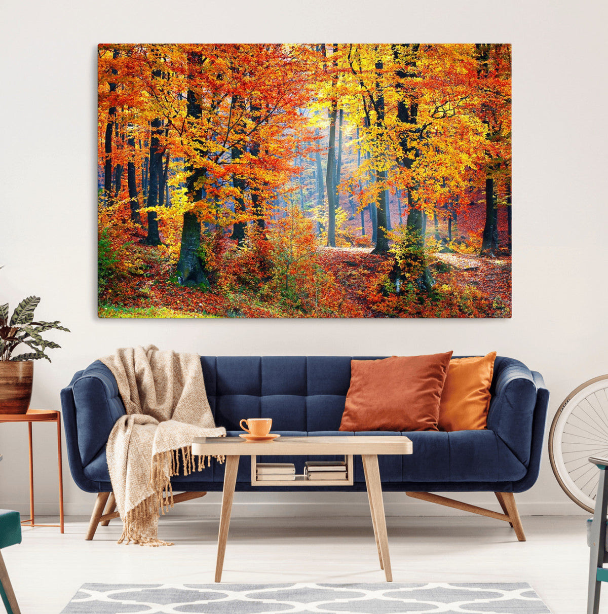 Autumn Red Forest Triptych Canvas Wall Art Print, Forest