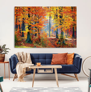 Autumn Red Forest Triptych Canvas Wall Art Print, Forest