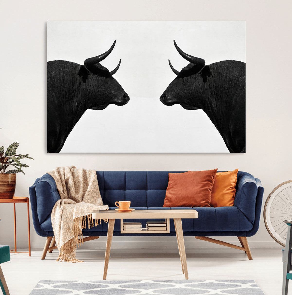 Spanish Bull Art - Framed Black and White Bull Canvas Print